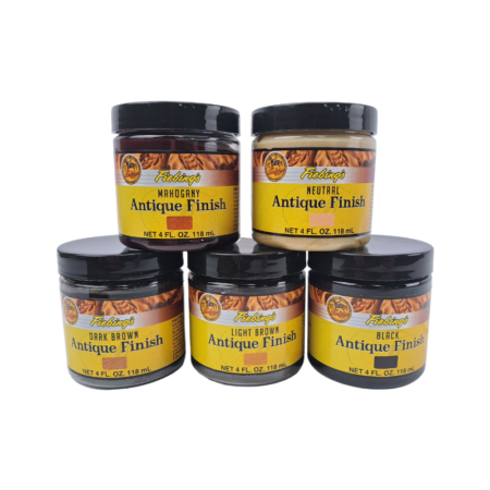 5 Colours of Fiebing's Antique Finish Paste 4oz - Top row Mahogany, and Neutral. Bottom row Dark Brown, Light Brown, and Black.