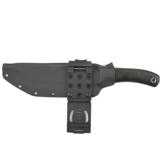 Kydex dots ultimate belt attachment fitted to a black kydex sheath with knife inserted