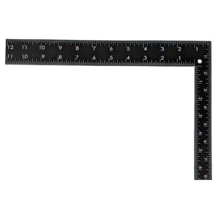 Imperial side of Leatherworking steel square ruler, showing 8" by 12"