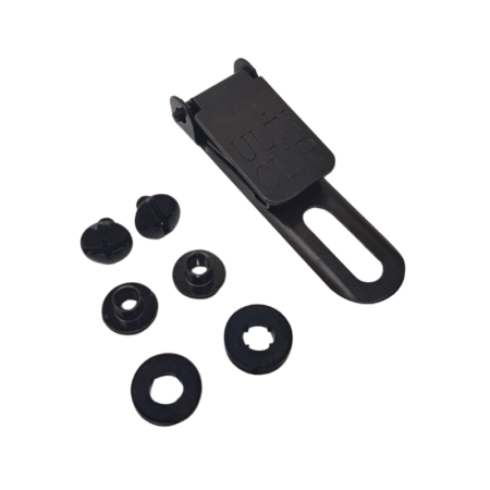 Military grade black oxide Kydex ulticlip slim 2.2 measuring 55.88 mm (2.2″) x 15.24 mm (0.60″) with mounting hardware.