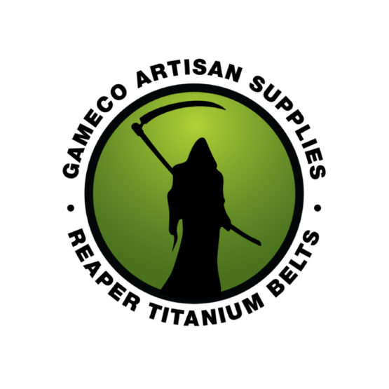 Light green coloured reaper titanium belts circle-shaped logo with a black grim reaper in the middle