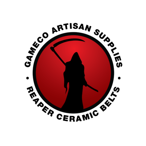 Red Coloured reaper ceramic belts circle-shaped logo with a black grim reaper in the middle