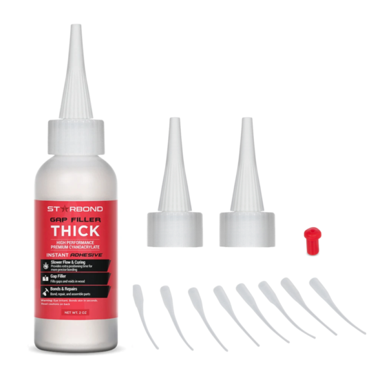 one bottle of Starbond gap filler thick CA glue 2 oz (60ml), two applicator caps, one clog-free stopper and eight micro-tips