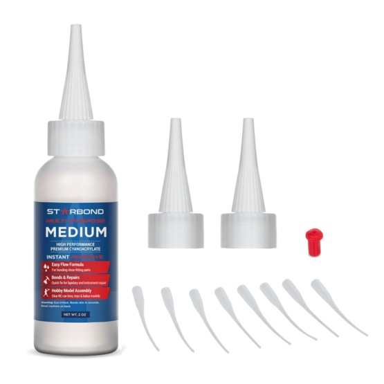One bottle of Starbond multi-purpose medium CA glue 2 oz (60 ml), two applicator caps, one clog-free stopper and eight micro-tips
