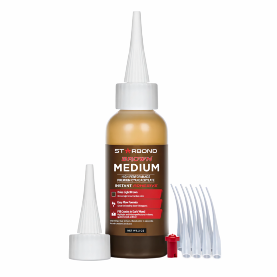 Starbond Brown Medium CA Glue (BR-150). Comes with 2x applicator caps, 1x clog-free stopper and 8x micro-tips for precision.