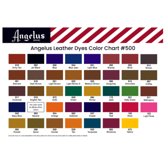 Angelus Leather Acrylic Dyes Chart, showing all colours in range
