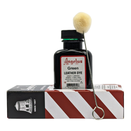 Angelus Leather Dye 3fl. oz. (~90ml) is a permanent alcohol-based liquid dye, primarily designed for use on smooth leather articles like shoes, bags, clothing, furniture and more. Shown with box as dye holder and wool dauber