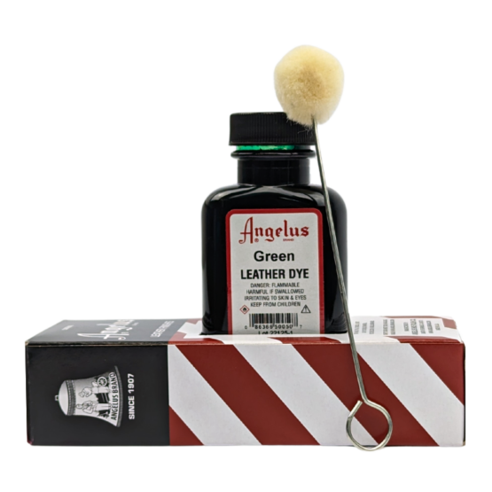 Angelus Leather Dye 3fl. oz. (~90ml) is a permanent alcohol-based liquid dye, primarily designed for use on smooth leather articles like shoes, bags, clothing, furniture and more. Shown with box as dye holder and wool dauber