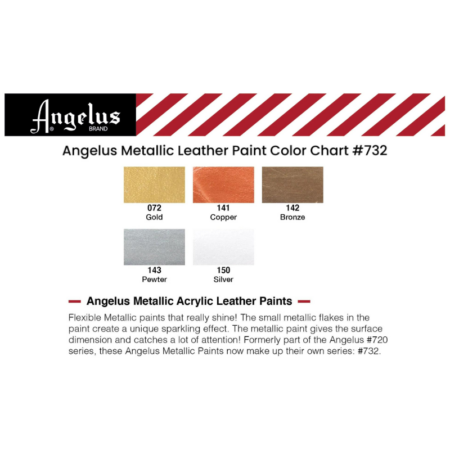 Angelus Leather Metallic Acrylic Paints Chart, showing all colours in range