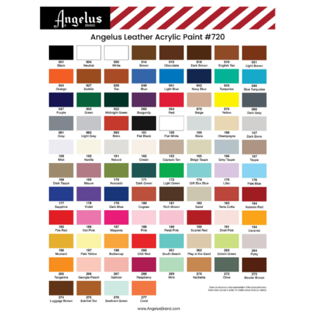 Angelus Leather Acrylic Paints Chart, showing all colours in range