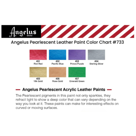 Angelus Leather Pearlescent Acrylic Paints Chart, showing all colours in range