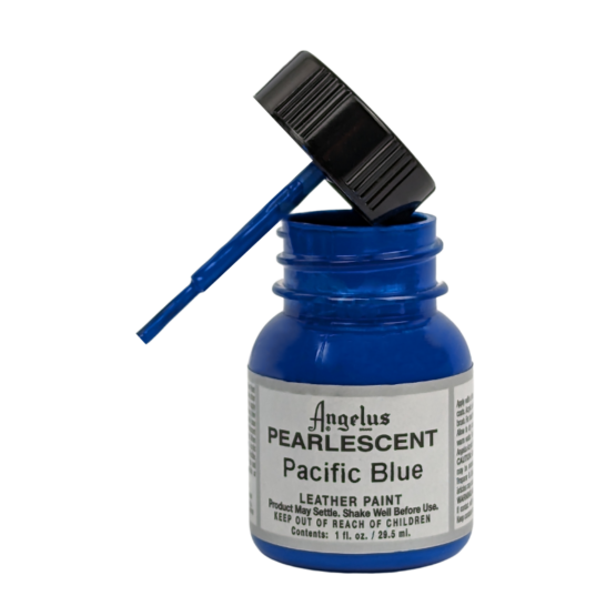 Pacific Blue Angelus Leather Pearlescent Acrylic Paints 1fl. oz. (29ml) with cap brush, used to paint on leather sneakers, jackets, boots, purses, and more