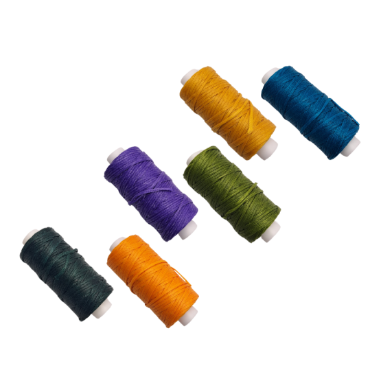 1mm Waxed Braided Cords 25yards. Shown in Light Green, Dark Green, Yellow, Orange, Purple, and Turquoise
