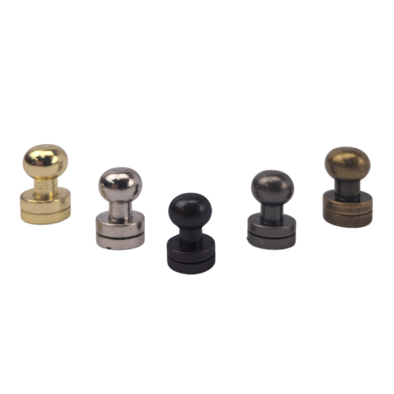 solid-brass-button-studs-sam-browne-7mm-9-32-group Solid Brass Button Studs (Sam Browne) 7mm (9/32"). From left to right - brass, nickel, antique nickel, antique brass, antique copper, and matte black.
