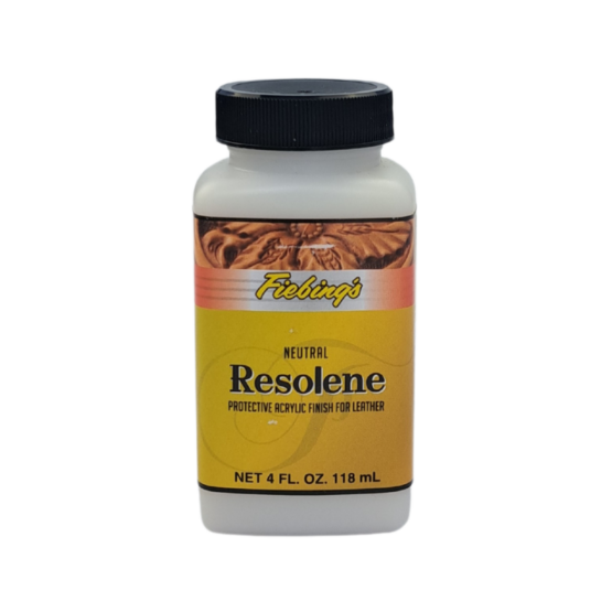 Fiebing's Resolene® - 4oz / 118mL. A flexible, durable, water resistant acrylic top finish for dyed, antiqued or polished leathers