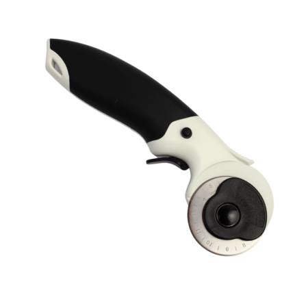 Rotary Cutter Easy Grip shown with open blade. Used for cutting quickly and efficiently through leather, fabric and other materials
