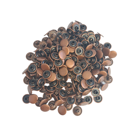 small-wide-double-cap-rivets-7mm-100-pack-antique-copper Small Wide Double Cap Rivets 7mm 100 Pack. Used to join two pieces of leather without the need to sew. Each double cap rivet consists of two pieces: a post and a cap.