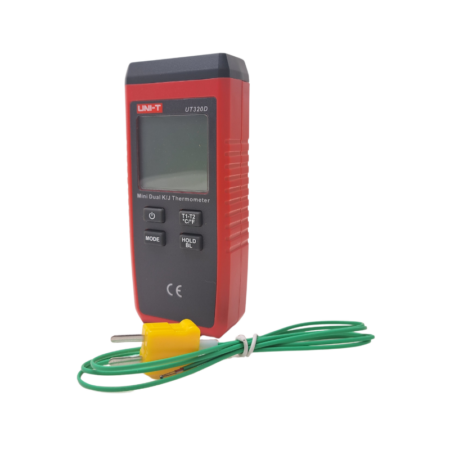 Mini Dual Input Digital Thermometer. Capable of reading temperatures up to ∼1300 °C, with dual 'K' type thermocouple input.