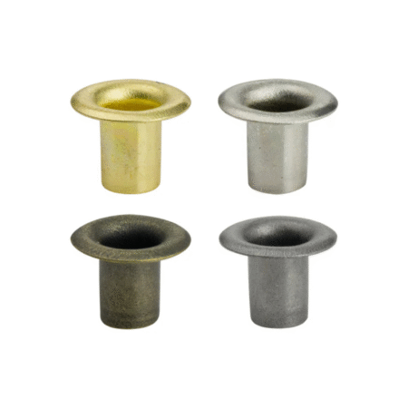 3/16" Eyelets 100 Pack. Available in 4 Finishes: Brass, Nickel, Antique Brass, and Antique Nickel